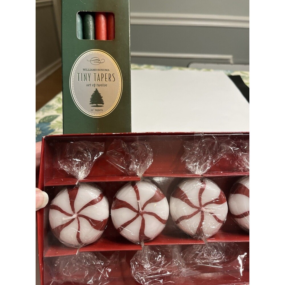 Williams Sonoma Floating Peppermint Candy Candles 5pc  & 10” Tiny Tapers 12pc